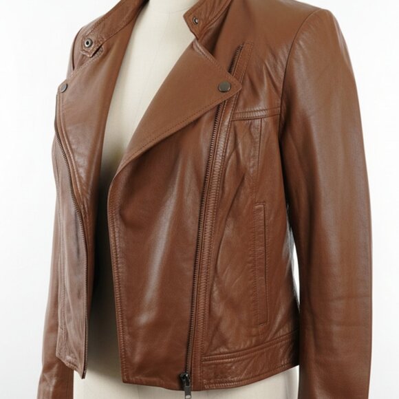 NWT Michael Kors Women's Brown Cropped Leather Moto Jacket - Picture 4 of 15